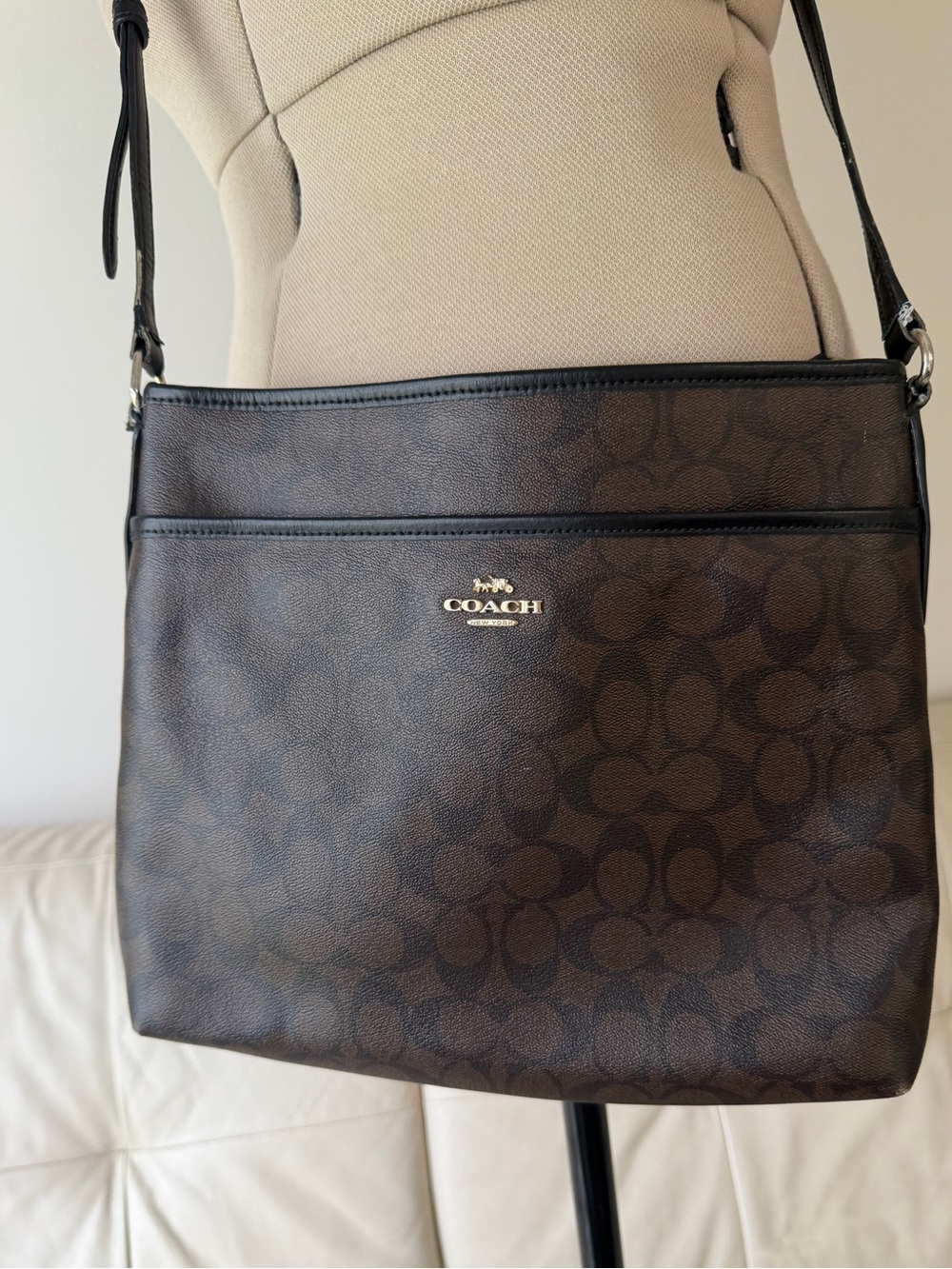 Coach Brown Signature Crossbody Messenger Bag with Black Trim